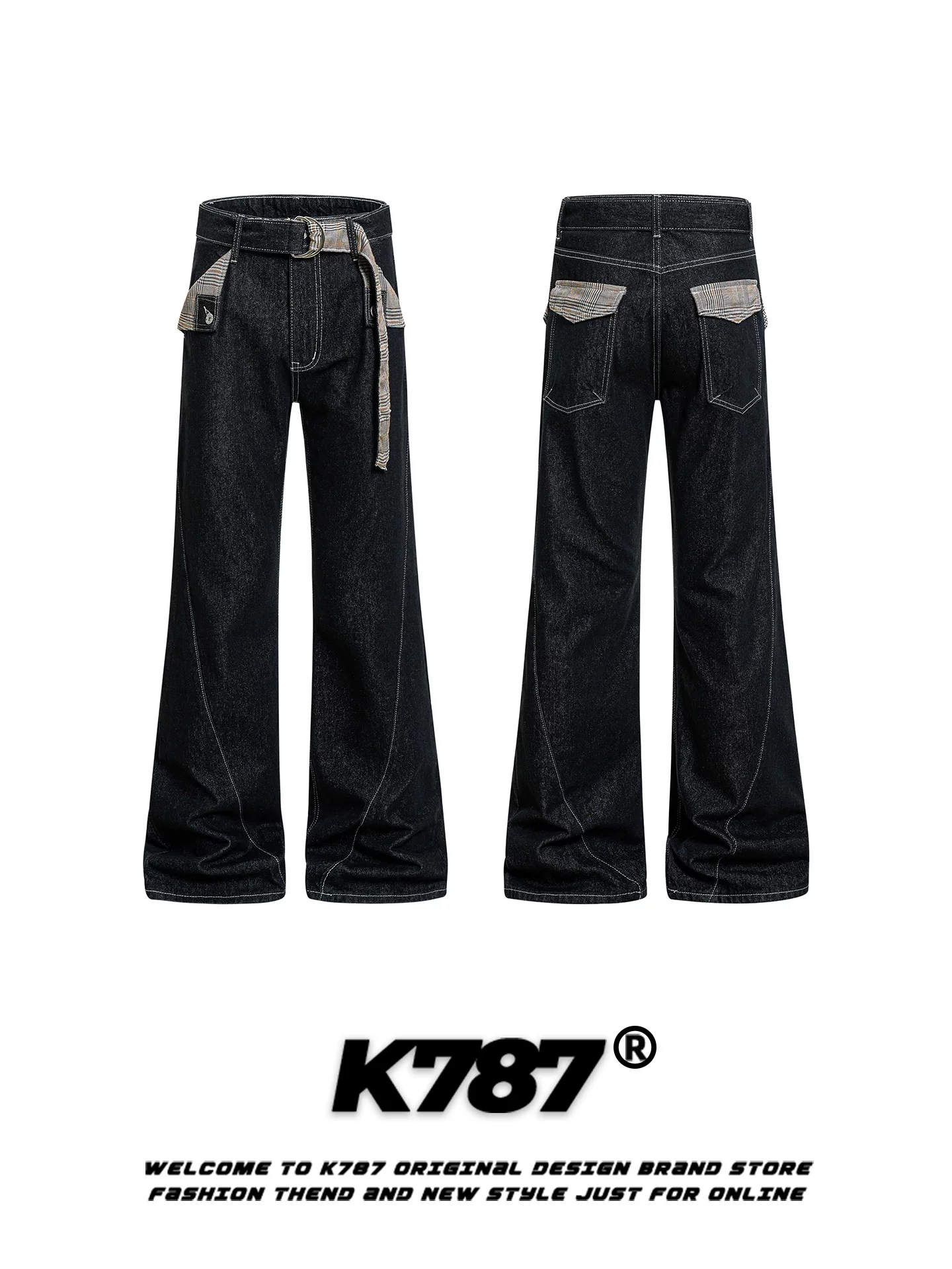 Quần ống loe họa tiết răng cưa kiểu Mỹ cổ điển K787, unisex, dáng rộng, tôn dáng, thời trang, cạp cao, dài chấm đất