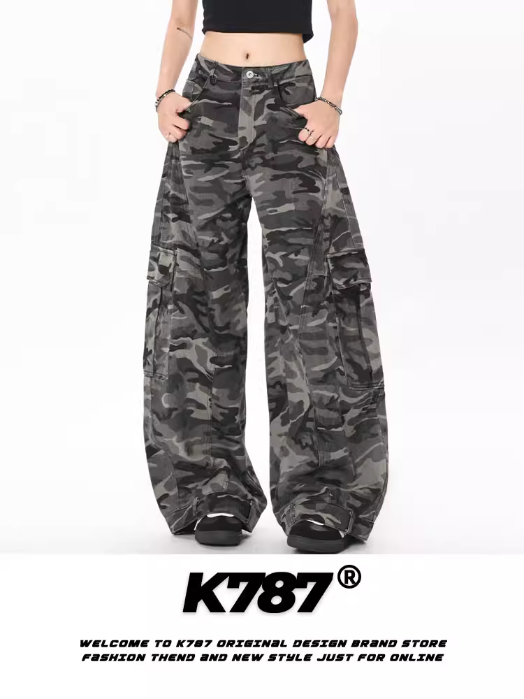 Quần cargo đa túi kiểu Mỹ cổ điển K787 dành cho nam và nữ, cạp cao, dáng rộng, chất liệu mềm mại, dài chấm đất, kiểu dáng quần ống rộng.