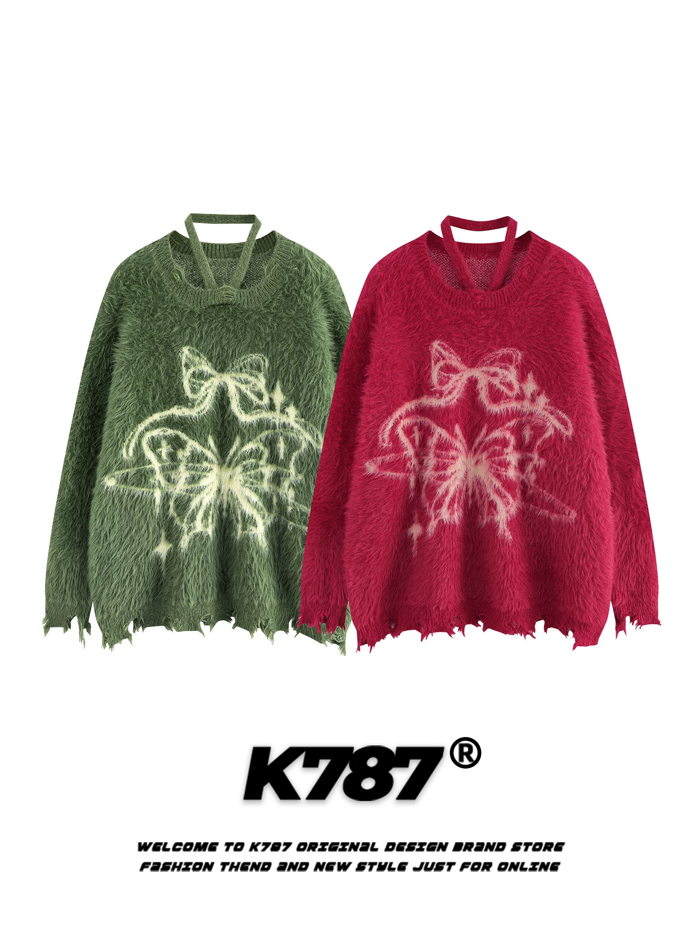 Áo len nữ cổ tròn kiểu halter, họa tiết bướm jacquard retro Mỹ, thiết kế rách cá tính, dáng rộng, chất liệu len đỏ ngọt ngào và cá tính.