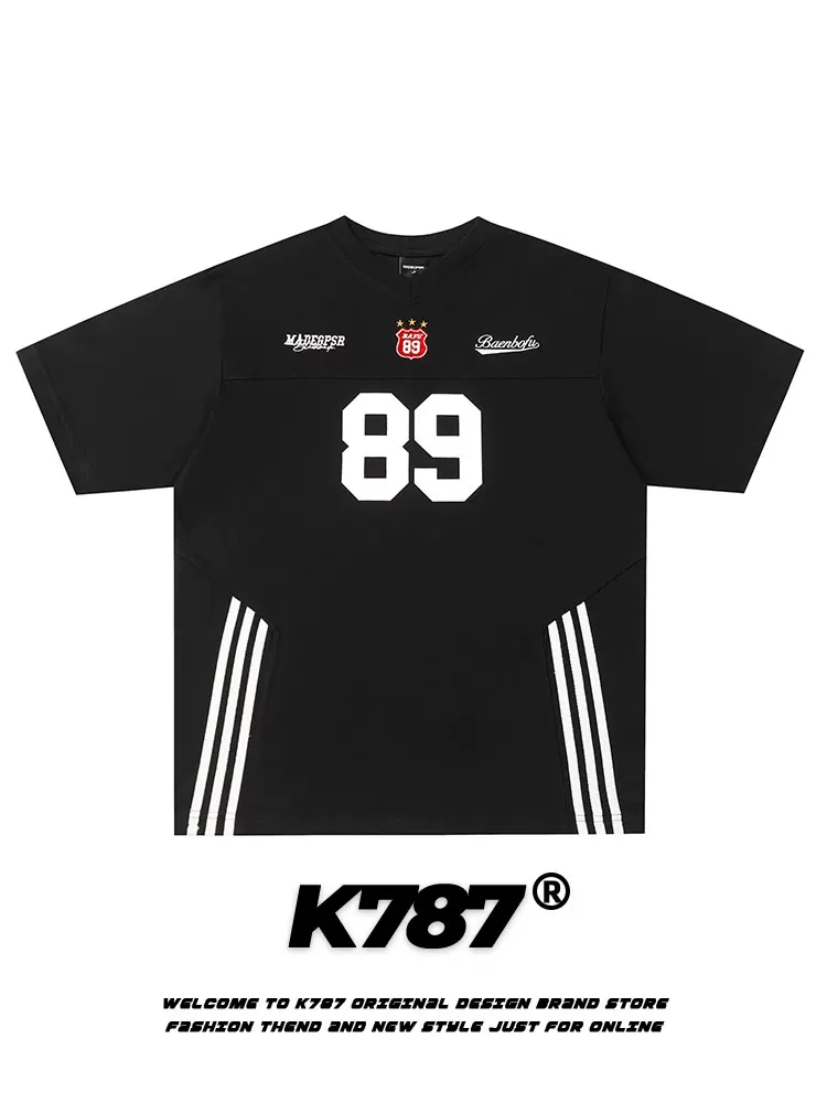 K787 Áo thun thể thao cổ điển kiểu Mỹ vui nhộn có chữ cái ngắn tay áo thun unisex sọc blokecore áo thun hàng đầu