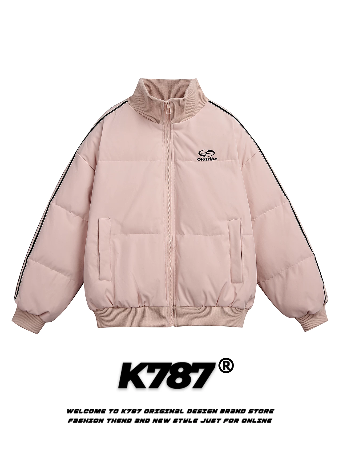 Áo khoác cotton cổ đứng thêu chữ kiểu Mỹ cổ điển K787 dành cho nam và nữ, dáng rộng, ấm áp, màu hồng, áo khoác cotton mùa đông dành cho cặp đôi