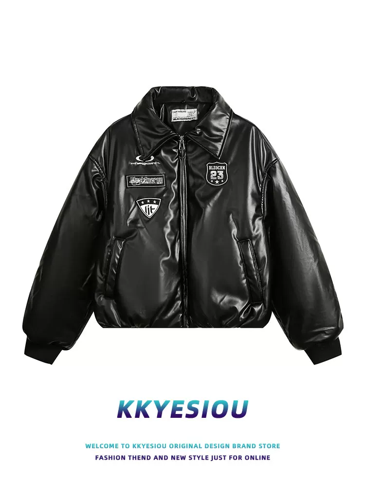 K787 Phong cách retro của Mỹ thương hiệu áo khoác ngắn cổ lông thêu unisex áo khoác da cotton đường phố cao cấp mát mẻ
