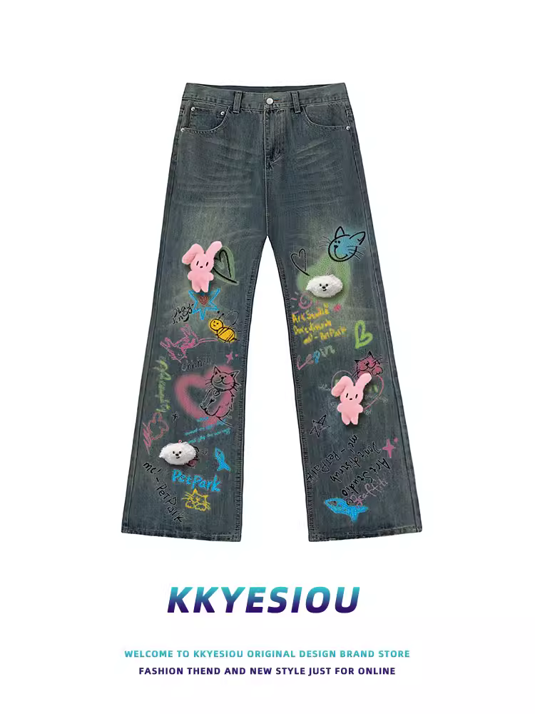 KKyesiou dopamine hoạt hình dễ thương chắp vá quần denim giản dị unisex phong cách retro Mỹ thương hiệu hợp thời trang dễ thương chân thẳng