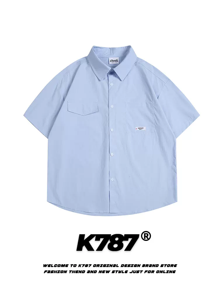 Áo sơ mi ngắn tay màu trơn phong cách retro Mỹ K787, đa năng, rộng rãi, unisex, phong cách sinh viên, thường ngày, mùa hè 2025, áo đôi