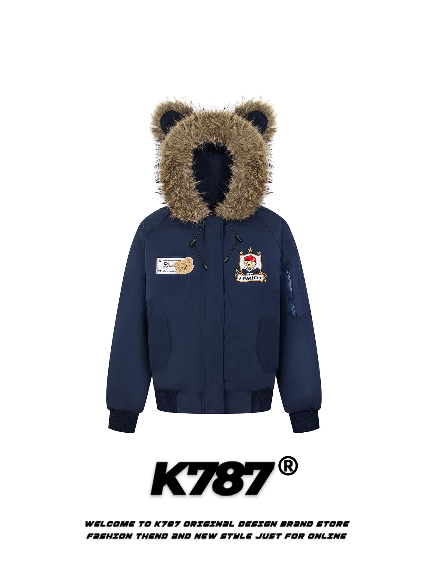 Áo khoác cotton có mũ tai gấu kiểu Mỹ cổ điển K787 dành cho nam và nữ, phong cách đại học, ấm áp và dày dặn, áo khoác cotton có khóa kéo đôi dành cho mùa đông.