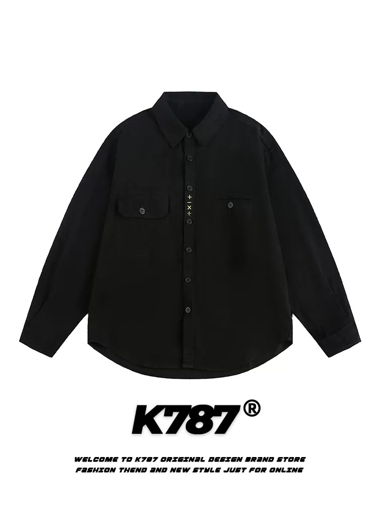 K787 Áo sơ mi công sở dài tay thêu đơn giản theo phong cách retro của Mỹ unisex cleanfit áo sơ mi dáng rộng giản dị áo khoác