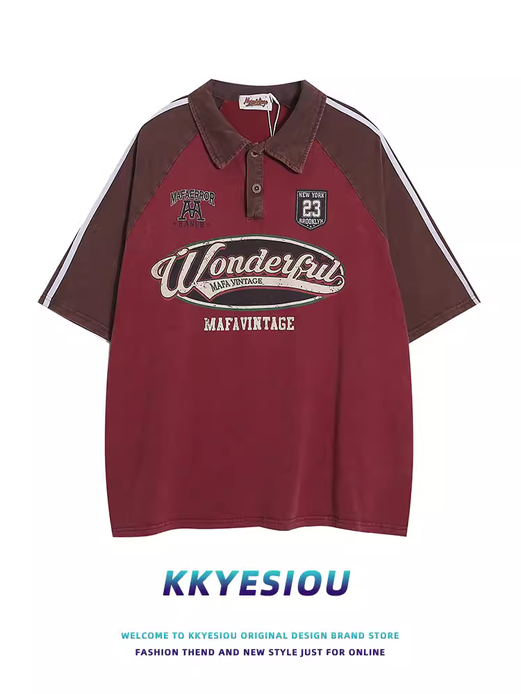 Áo thun ngắn tay thêu chữ kiểu Mỹ cổ điển KKyesiou dành cho nam và nữ, kiểu dáng rộng, màu đỏ đô, kiểu dáng cũ kỹ, kiểu áo POLO