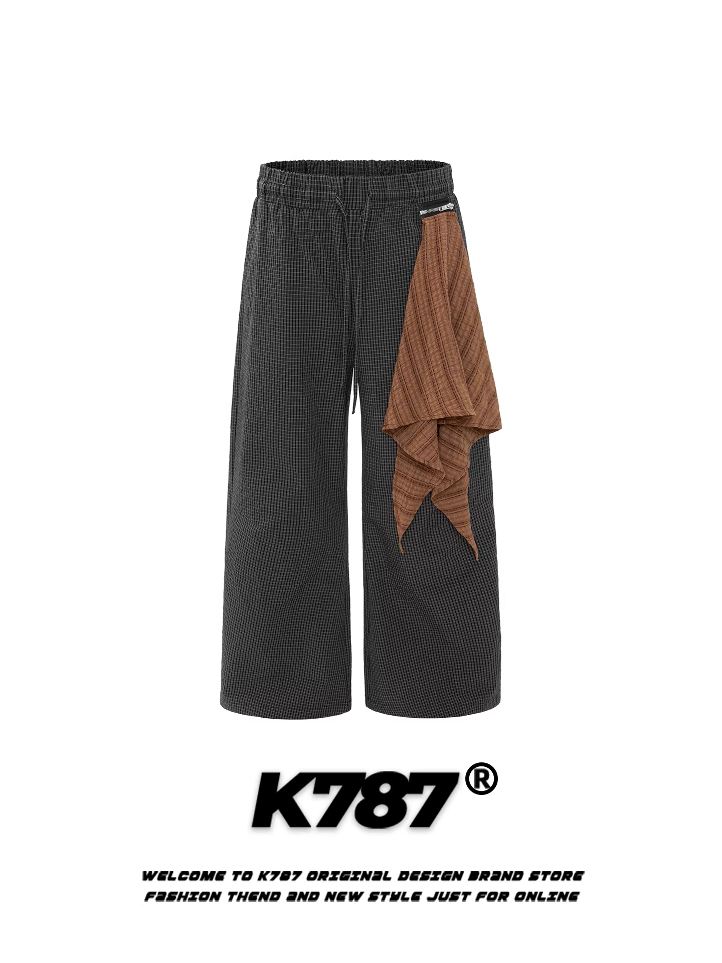 Quần âu kiểu Mỹ cổ điển K787, họa tiết ca rô, có thể tháo rời, dành cho nam và nữ, kiểu dáng lười, cạp cao, ống rộng, dài chấm đất