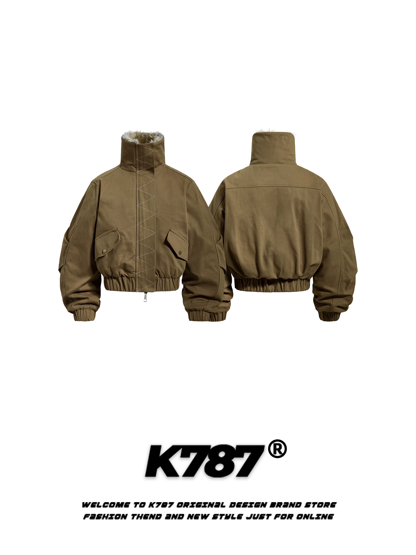 Áo khoác cotton ngắn kiểu Mỹ K787, cổ lông, dáng rộng, ấm áp và dày dặn, áo khoác cotton unisex dành cho cặp đôi mùa đông.