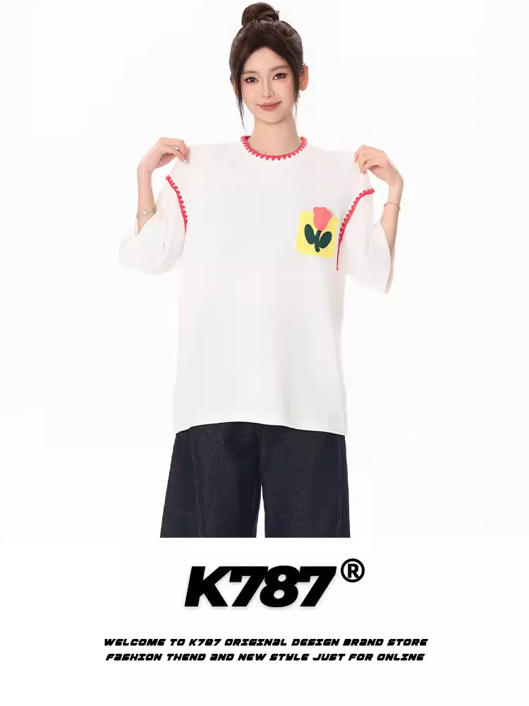 K787 Áo thun ngắn tay thêu hoa phong cách dân tộc cổ điển của Mỹ dành cho nam và nữ, áo cặp đôi phong cách đại học giản dị