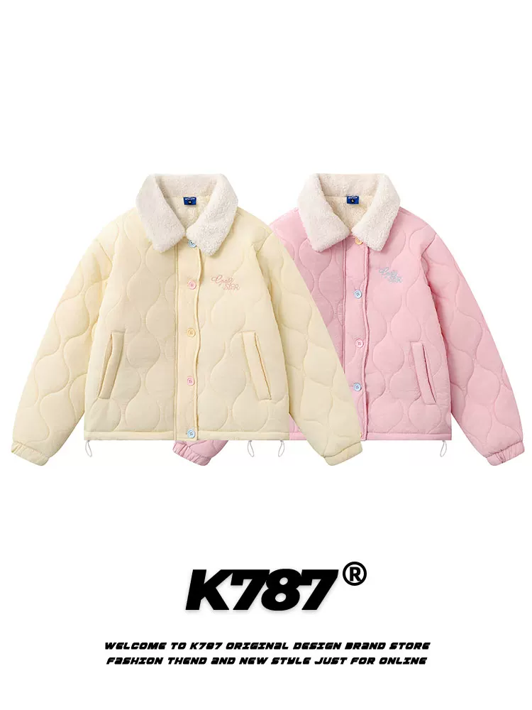 Áo khoác cotton dày lót lông cừu cổ lông nhăn kiểu Mỹ cổ điển K787 dành cho nam và nữ, phong cách preppy cổ điển, màu hồng