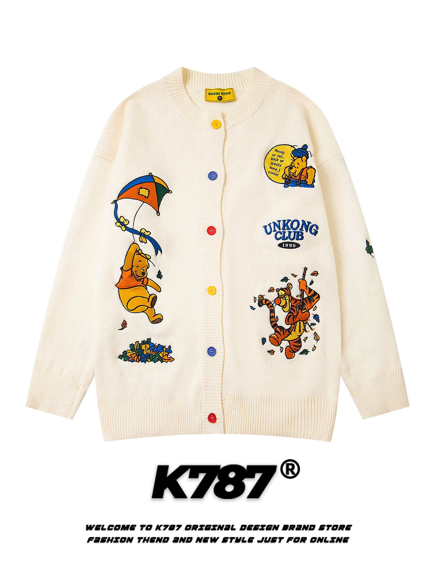 K787 Áo len cardigan thêu hình Winnie the Pooh phong cách Mỹ dành cho nam và nữ, áo khoác dệt kim kiểu dáng rộng rãi và lười biếng dành cho cặp đôi
