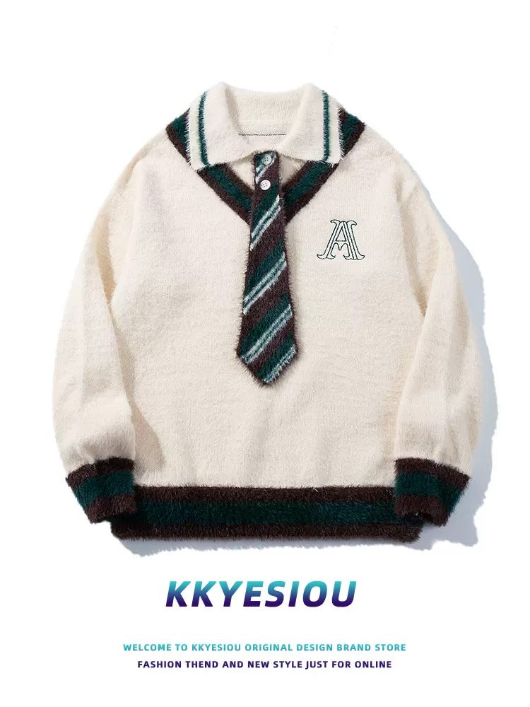 Áo len cặp đôi phong cách preppy Nhật Bản KKyesiou, kiểu dáng năng động, phối họa tiết, unisex, có phối dây buộc.