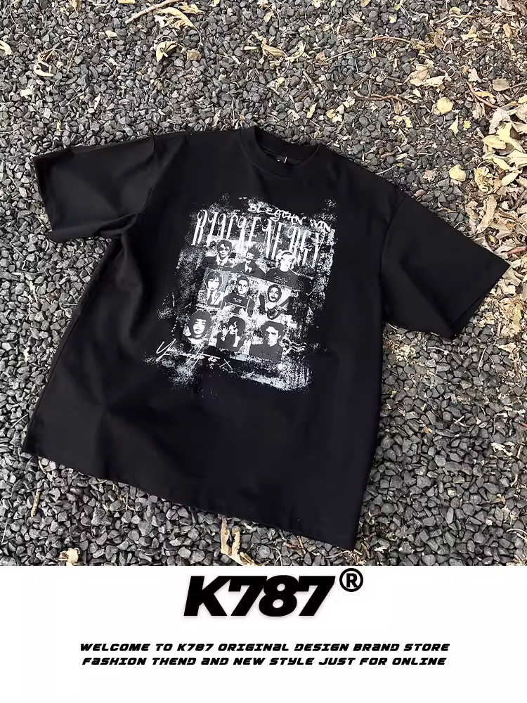 K787 Áo thun ngắn tay cotton dày dặn phong cách hip-hop cổ điển của Mỹ dành cho nam và nữ, áo thun ngắn tay cỡ lớn dành cho cặp đôi.