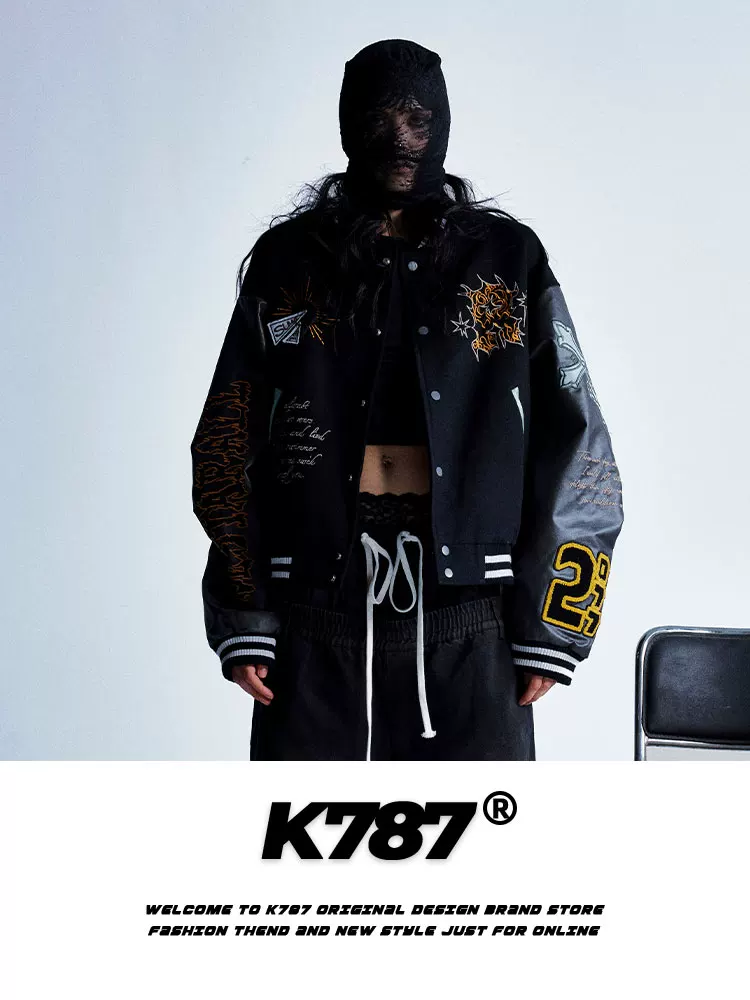 Áo khoác bomber unisex phong cách retro Mỹ, thêu nặng, phối vải, kiểu dáng thể thao, hip-hop, thời thượng.