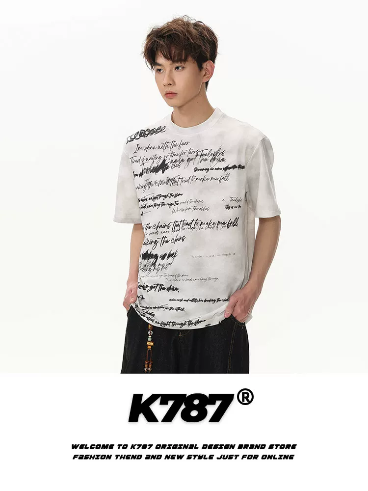 Áo thun ngắn tay K787 kiểu Mỹ cổ điển, họa tiết graffiti tie-dye, dành cho nam và nữ, kiểu dáng rộng rãi, thoải mái, áo đôi.