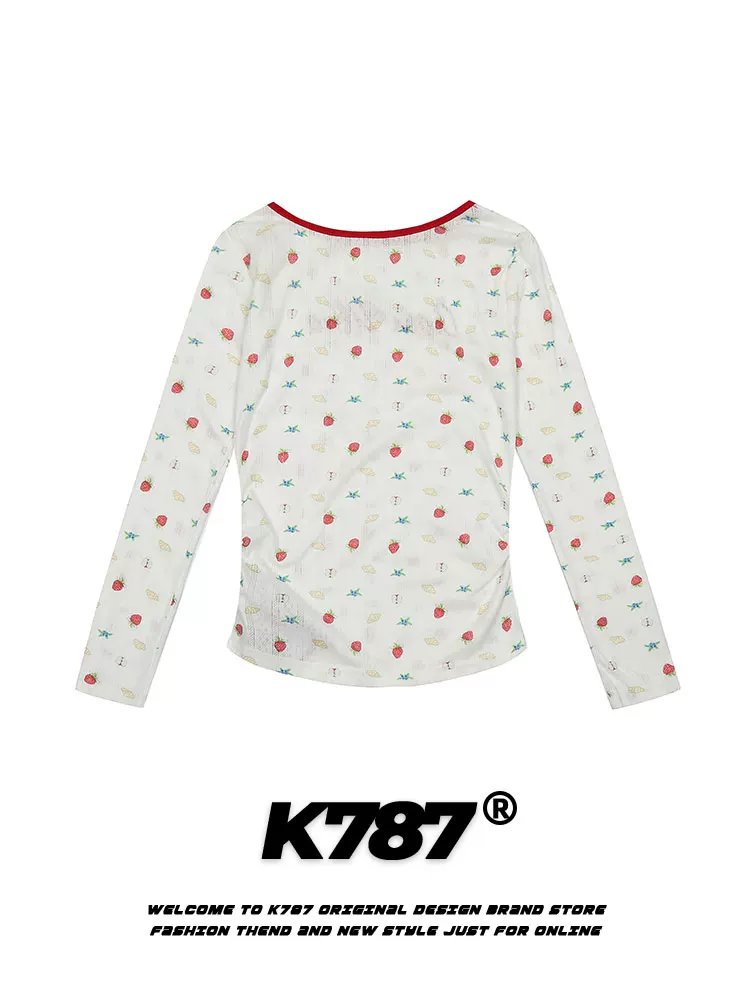 Áo ngắn thêu dâu tây K787 phong cách sexy dành cho nữ, kiểu dáng BM tay áo thường, chất liệu hơi mỏng, áo kiểu lười dáng ôm eo, áo thun dài tay.