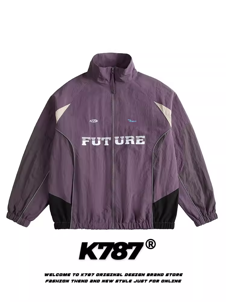 K787 Áo khoác chống gió cổ đứng theo xu hướng cổ điển của Mỹ dành cho nam và nữ, áo khoác màu tím đa năng đi xe máy ngoài trời hợp thời trang