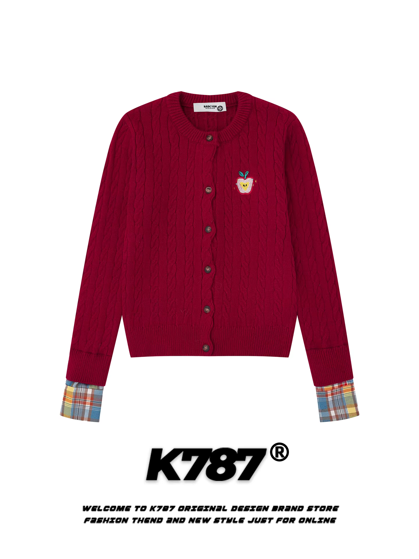 Áo len cardigan thêu hình quả táo kiểu Mỹ K787 dành cho nữ, áo khoác len ngắn màu đỏ đô phong cách lười biếng