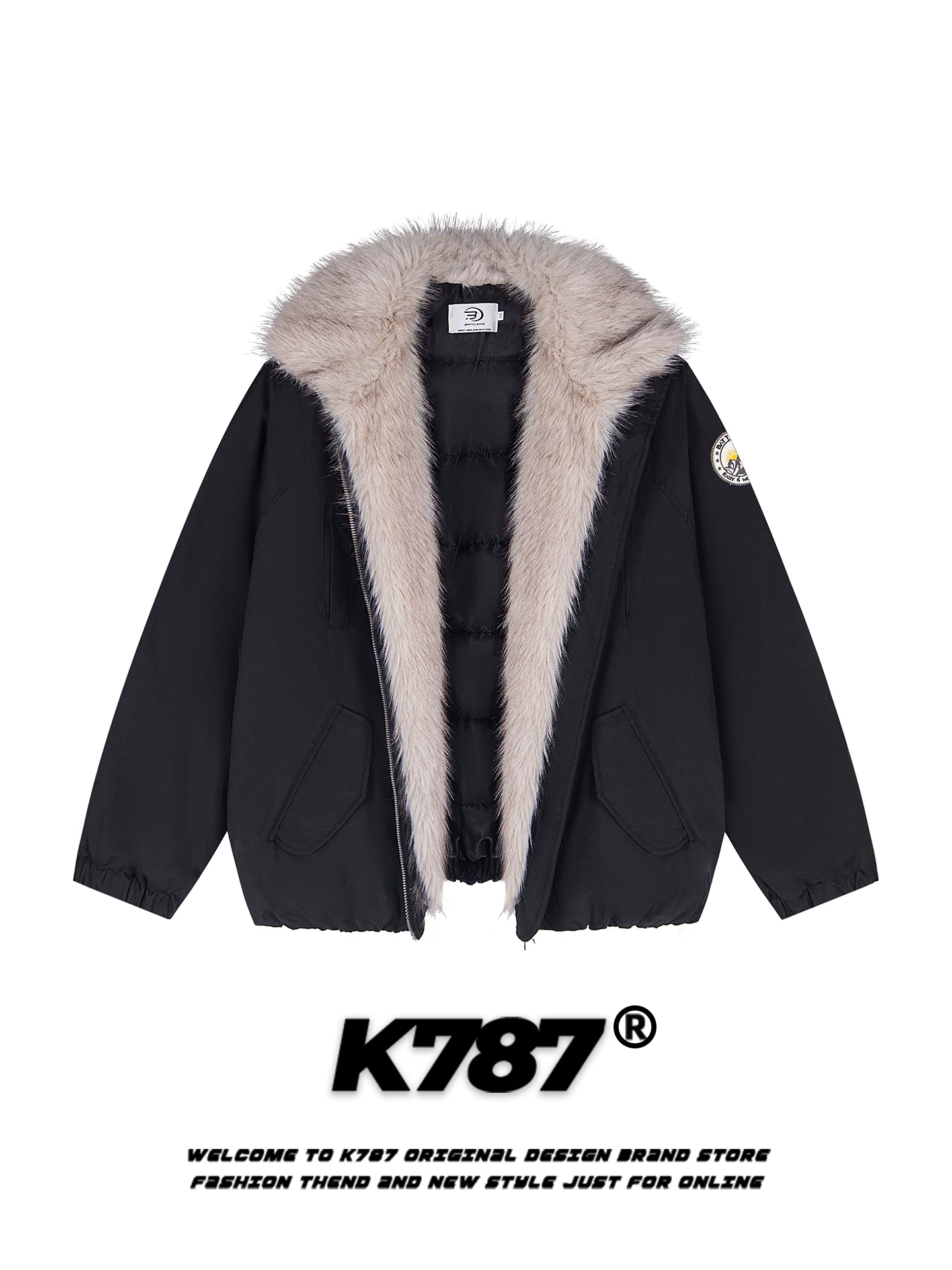 Áo khoác cotton có mũ trùm đầu, cổ lông, phong cách retro Mỹ K787 dành cho nam và nữ, dáng rộng, ấm áp và dày dặn cho mùa đông.