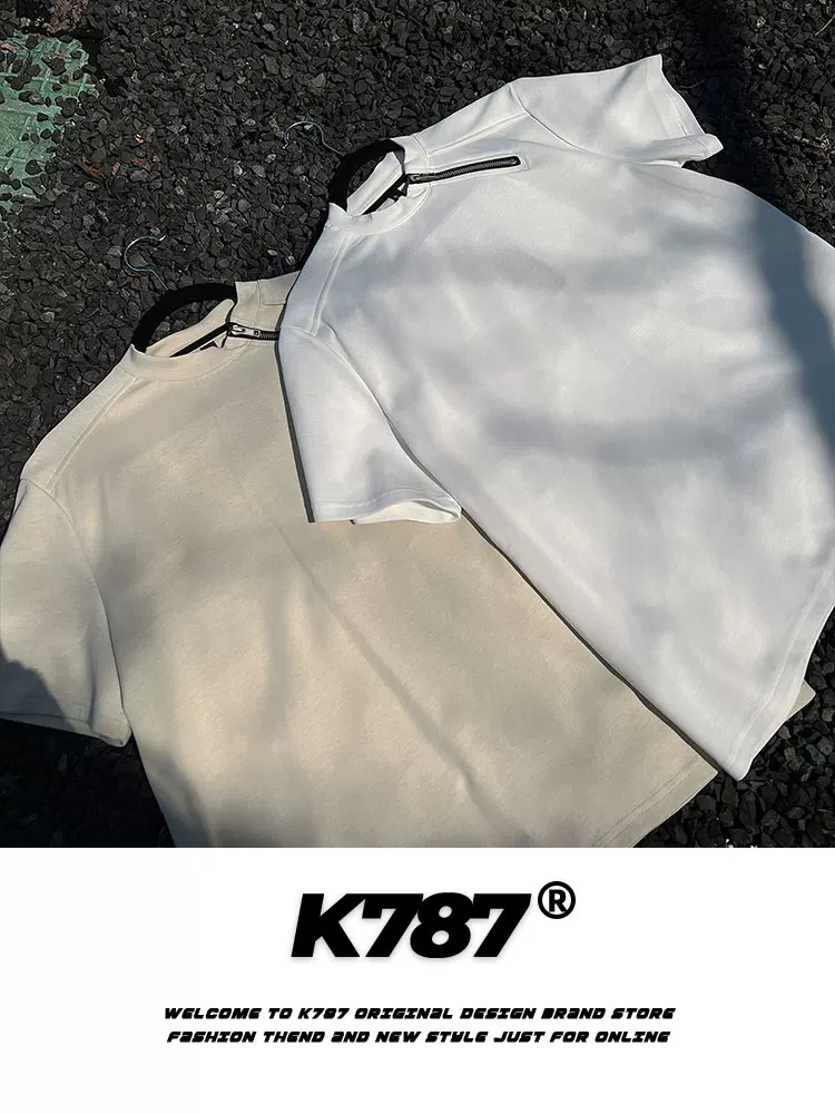 K787 Áo thun ngắn tay phong cách retro cleanfit kiểu Mỹ có khóa kéo bên hông unisex màu trơn đa năng đi lại