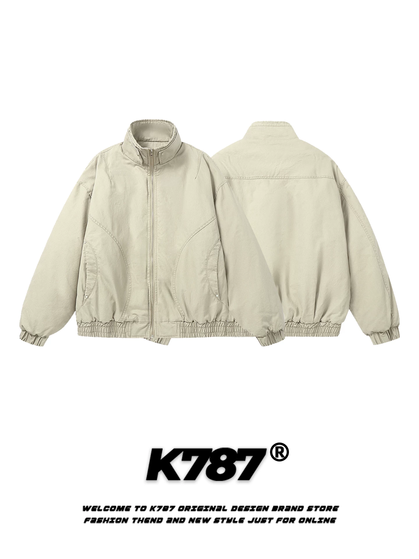 Áo khoác cotton cổ đứng kiểu retro Mỹ K787 dành cho nam và nữ, áo khoác cotton dày dặn có khóa kéo màu trơn được thiết kế đơn giản.