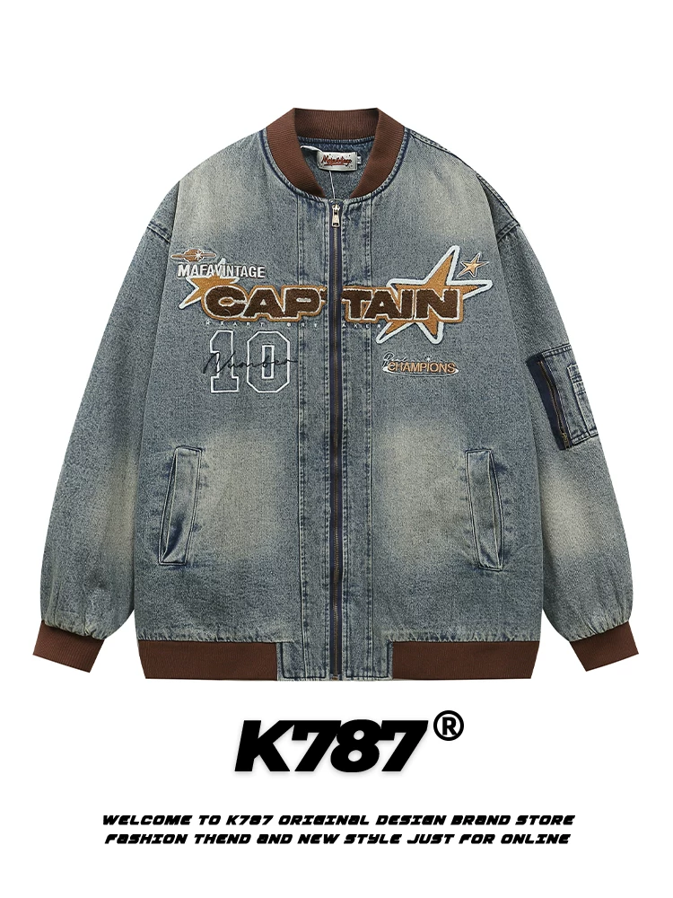 Áo khoác denim kiểu biker thêu retro Mỹ K787 dành cho nam và nữ, áo khoác dày bông mùa đông phong cách đại học.