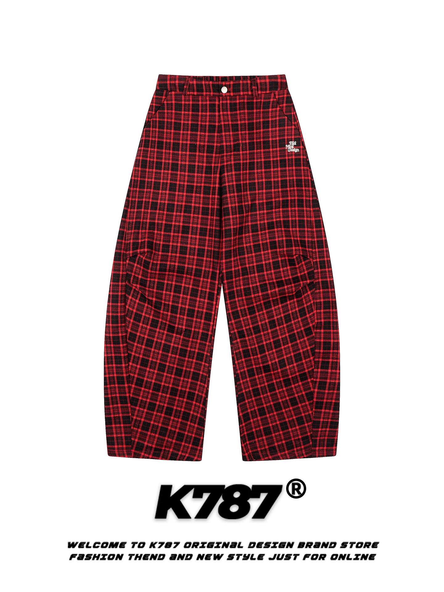 Quần âu kiểu Mỹ K787 phối màu retro, họa tiết ca rô, unisex, dáng rộng, xếp ly, phong cách đường phố, cạp cao, màu đỏ, ống rộng