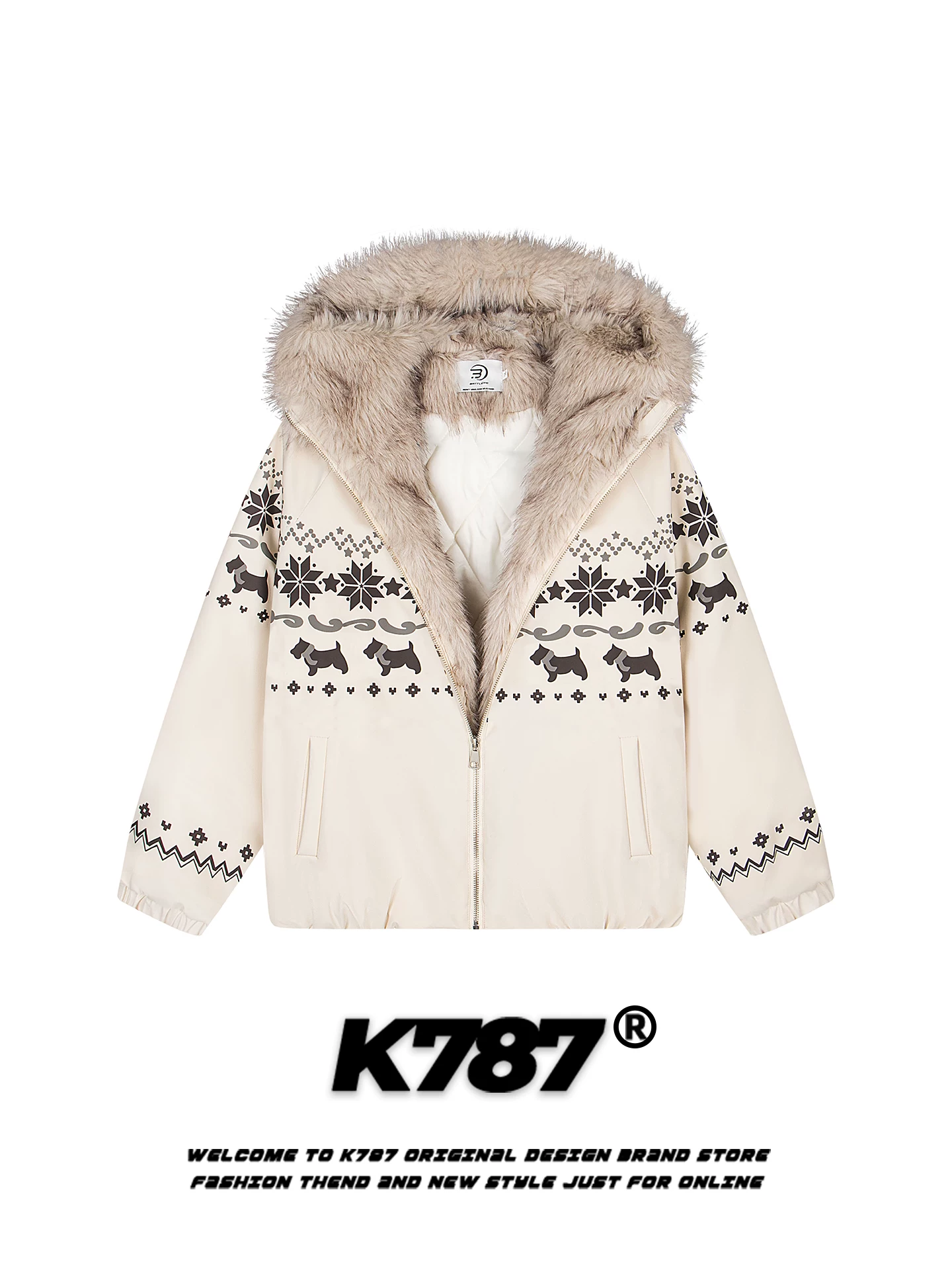 K787 Áo khoác cotton có mũ trùm đầu kiểu cổ điển Mỹ Fair Isle dành cho nam và nữ, dáng rộng, ấm áp và dày dặn, quần áo cotton mùa đông dành cho cặp đôi.