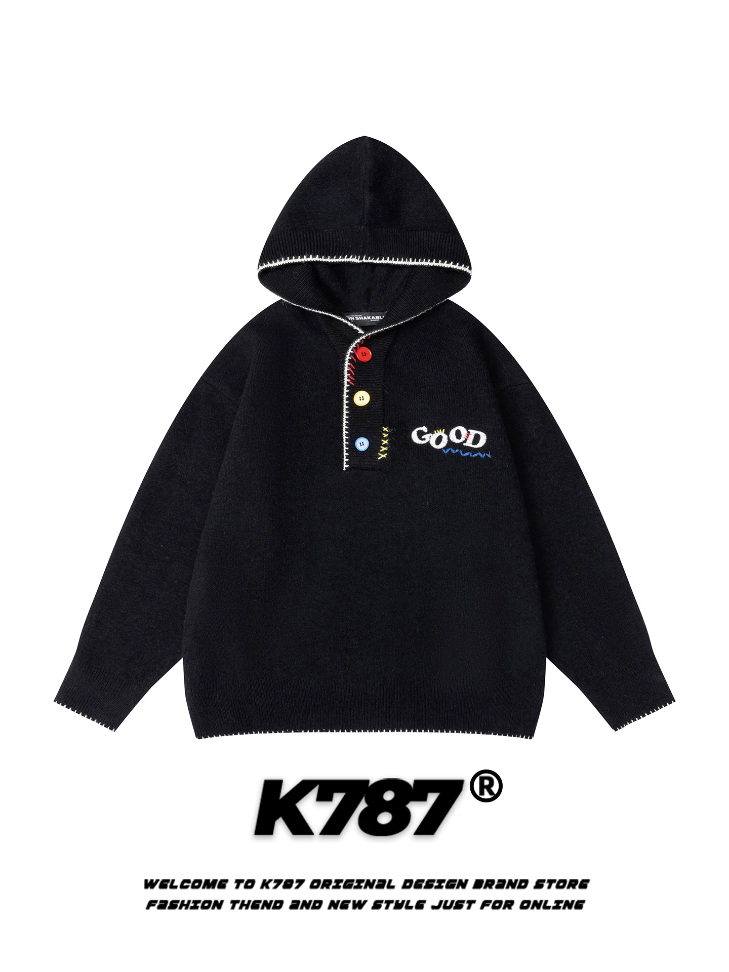 Áo khoác nỉ có mũ, kiểu đường phố Mỹ K787, thêu nhiều màu sắc, cài nút, unisex, phong cách đại học, chất liệu dệt kim, dáng rộng, dành cho cặp đôi