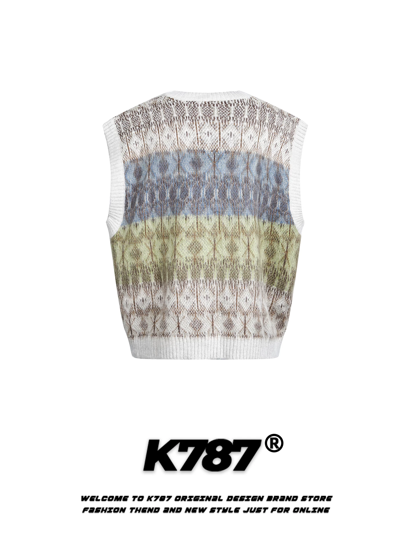 K787 Áo len cổ chữ V màu khối màu theo phong cách retro của Mỹ unisex dáng rộng theo xu hướng quốc gia áo vest dệt kim không tay xếp lớp dành cho cặp đôi