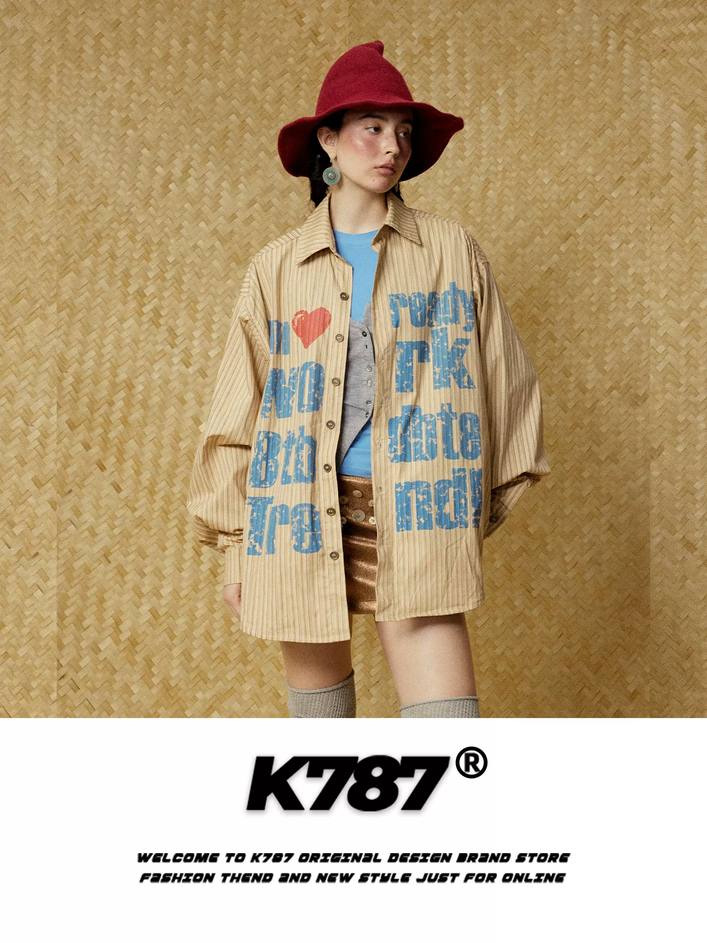 Áo sơ mi dài tay unisex kiểu đường phố Mỹ K787, họa tiết trái tim rách, sọc, thời trang, dáng rộng, áo khoác cặp đôi