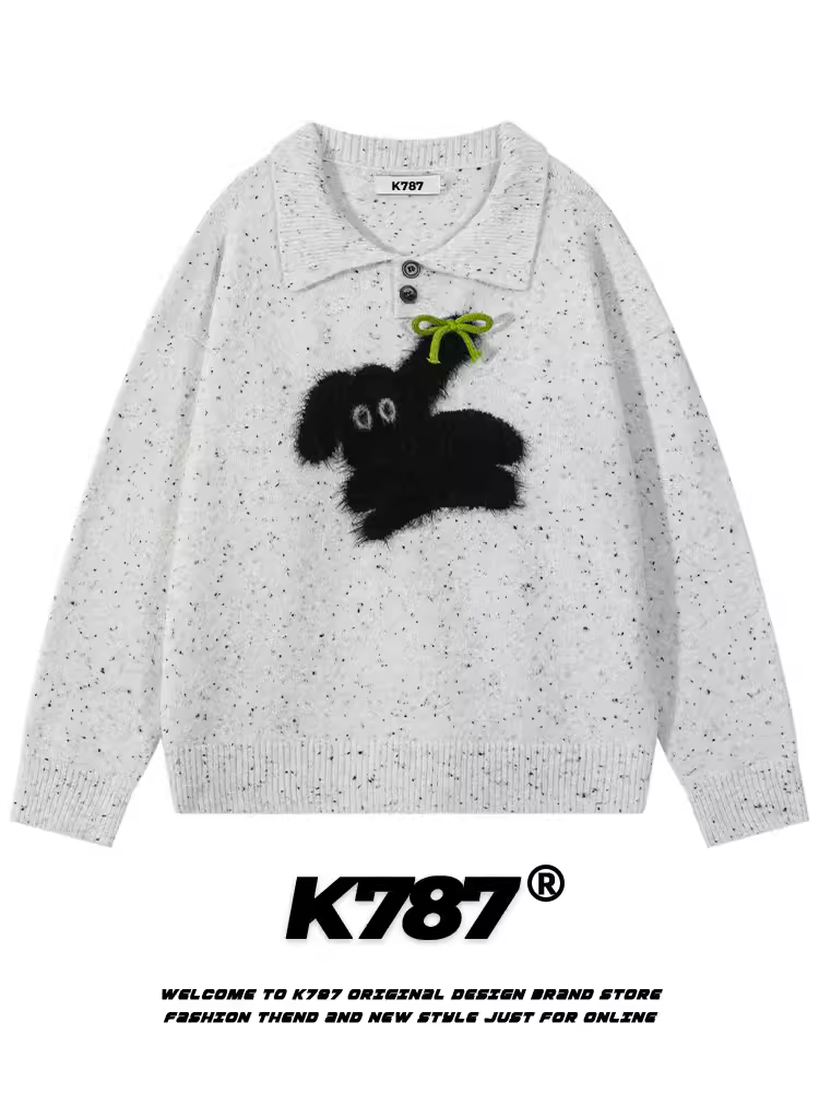 K787 Áo len cổ POLO màu xám cổ điển của Mỹ dành cho nam và nữ, phong cách preppy thêu thỏ đổ xô áo len phong cách lười biếng