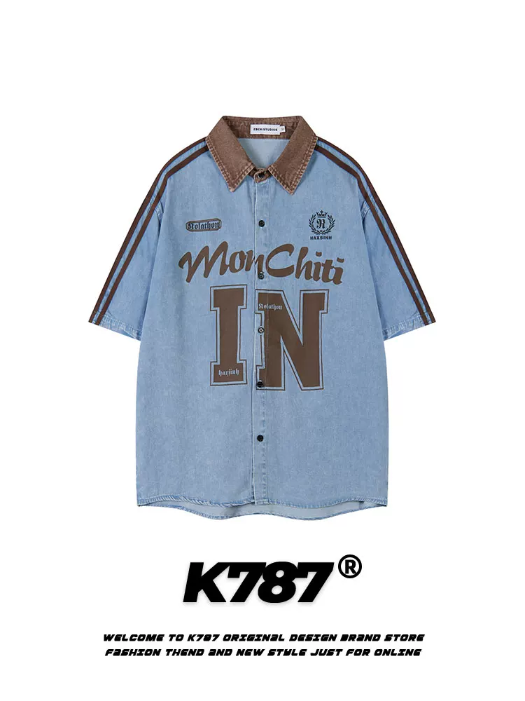 Áo sơ mi denim ngắn tay in chữ sọc kiểu Mỹ cổ điển K787 dành cho nam và nữ, đã qua xử lý làm mềm và tạo hiệu ứng cũ, kiểu dáng cardigan rộng, tay lửng.