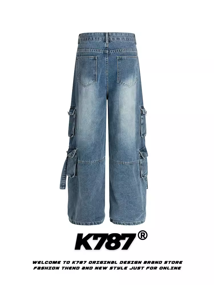 Quần jean denim cũ kỹ kiểu Mỹ K787 dành cho nam và nữ, cạp cao, nhiều túi, ống thẳng, ống rộng, kiểu quần công sở.
