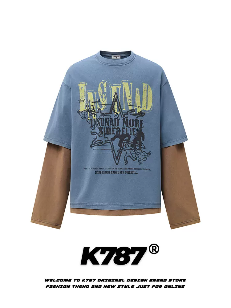 Áo thun dài tay in chữ kiểu Mỹ cổ điển K787 dành cho nam, áo thể thao giả hai mảnh phong cách hip-hop rộng rãi, thoải mái