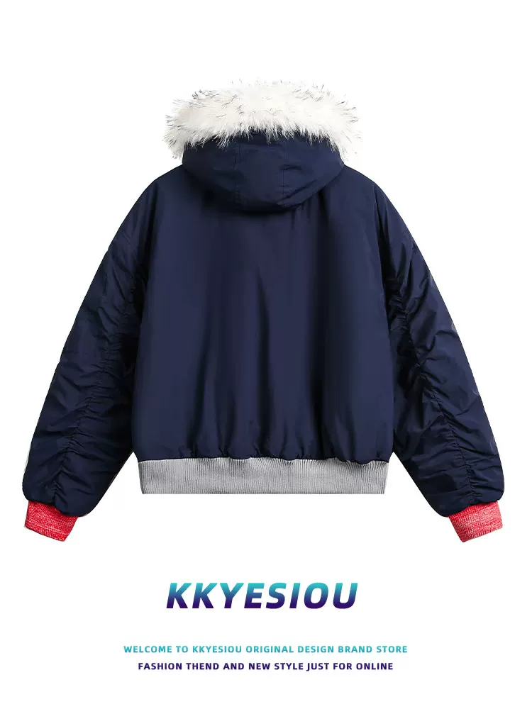 Áo khoác cotton có mũ trùm đầu kiểu cổ điển Mỹ KKyesiou dành cho nam và nữ, áo khoác cotton ngắn chần bông kiểu ghép mảnh.