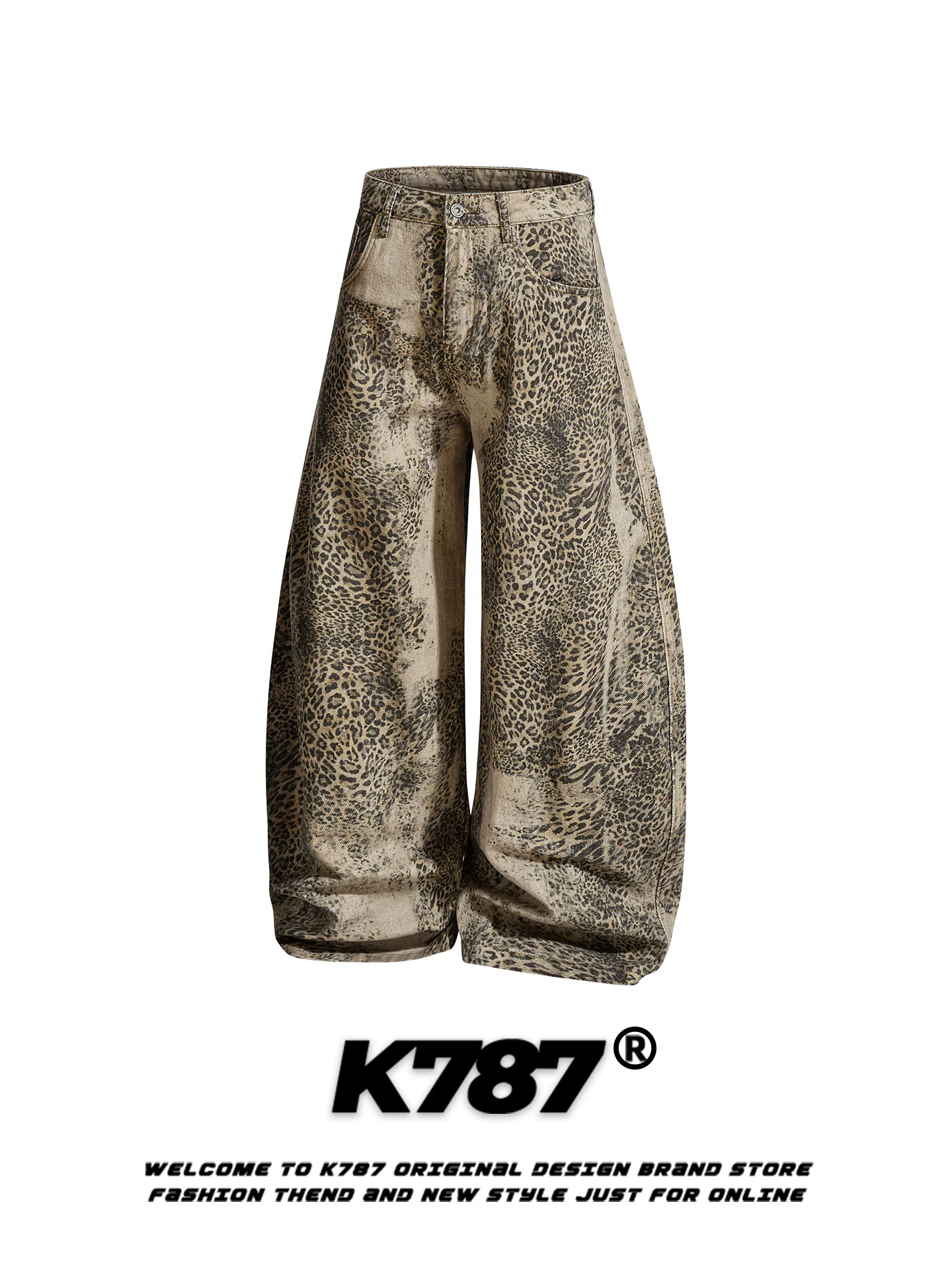 Quần dài dáng rộng unisex K787 kiểu Mỹ cổ điển, họa tiết da báo phối màu, cạp cao, dài chấm đất, thời trang, cá tính, chất liệu mềm mại.