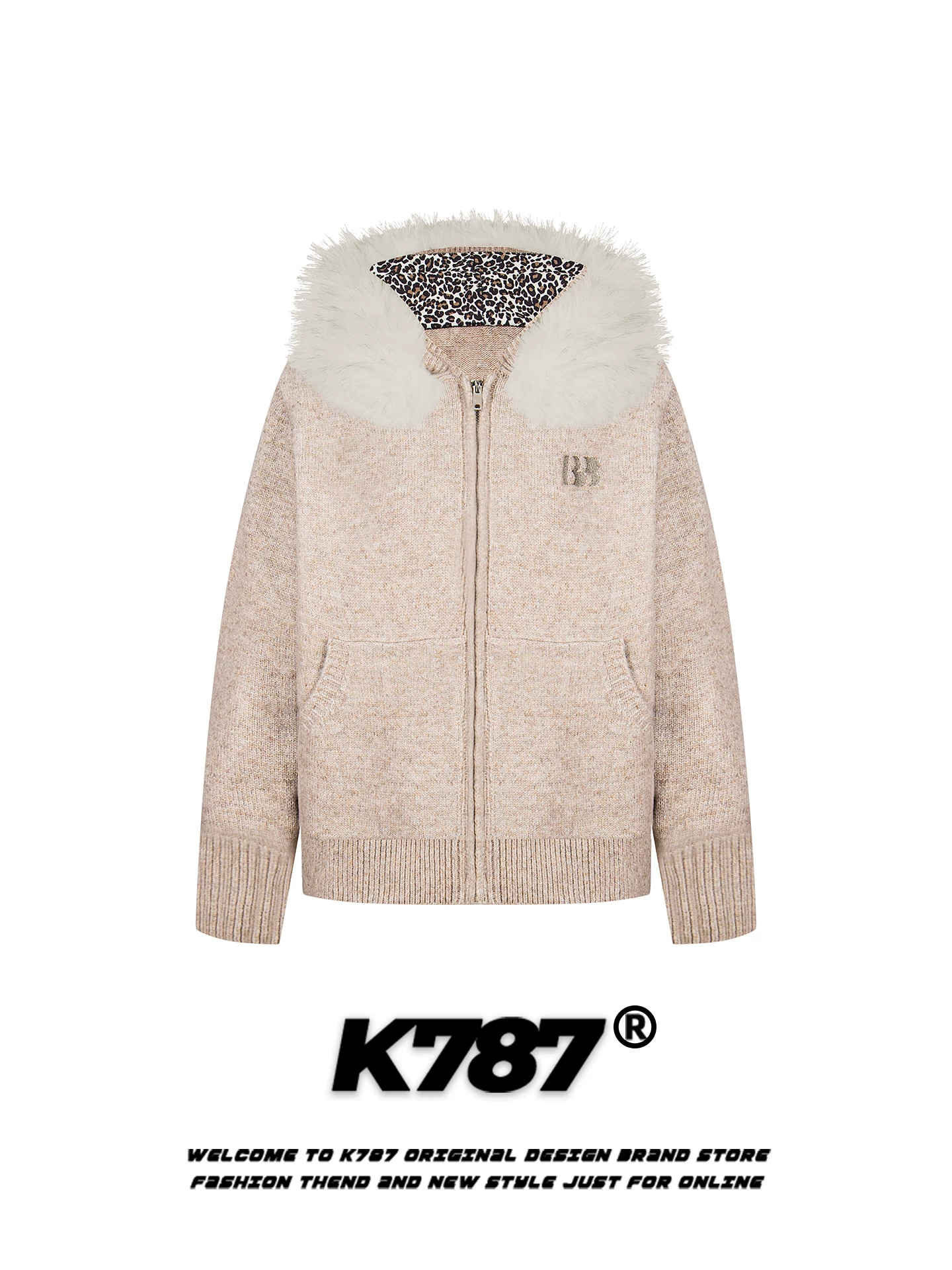 Áo khoác cardigan len dệt kim họa tiết báo cổ lông phong cách retro Mỹ K787 dành cho nam và nữ, giữ ấm mùa đông, phong cách giản dị, thoải mái.
