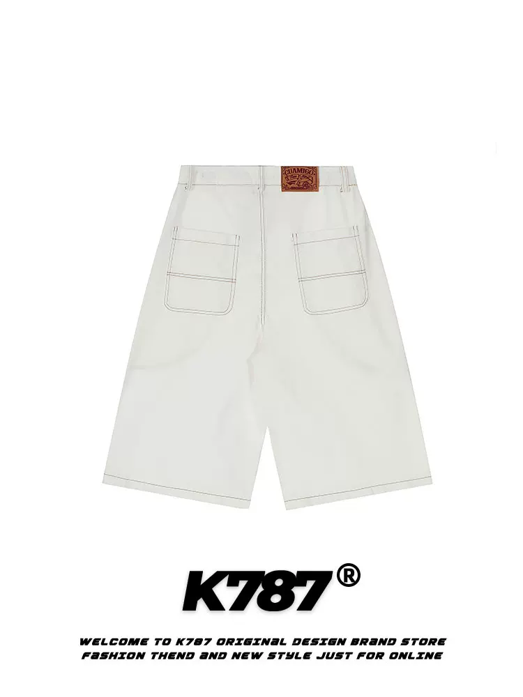 Quần short denim trắng may viền kiểu Mỹ cổ điển K787, dáng rộng, unisex, đa năng, thích hợp đi làm, cạp cao, kiểu ngắn