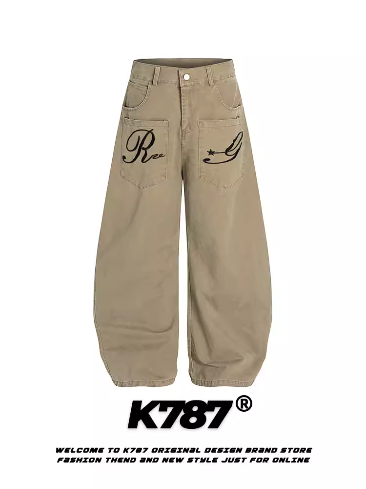 Quần kaki thêu kiểu Mỹ cổ điển K787, chất liệu washed, dáng rộng unisex, phong cách đường phố, kiểu dáng thẳng, ống rộng