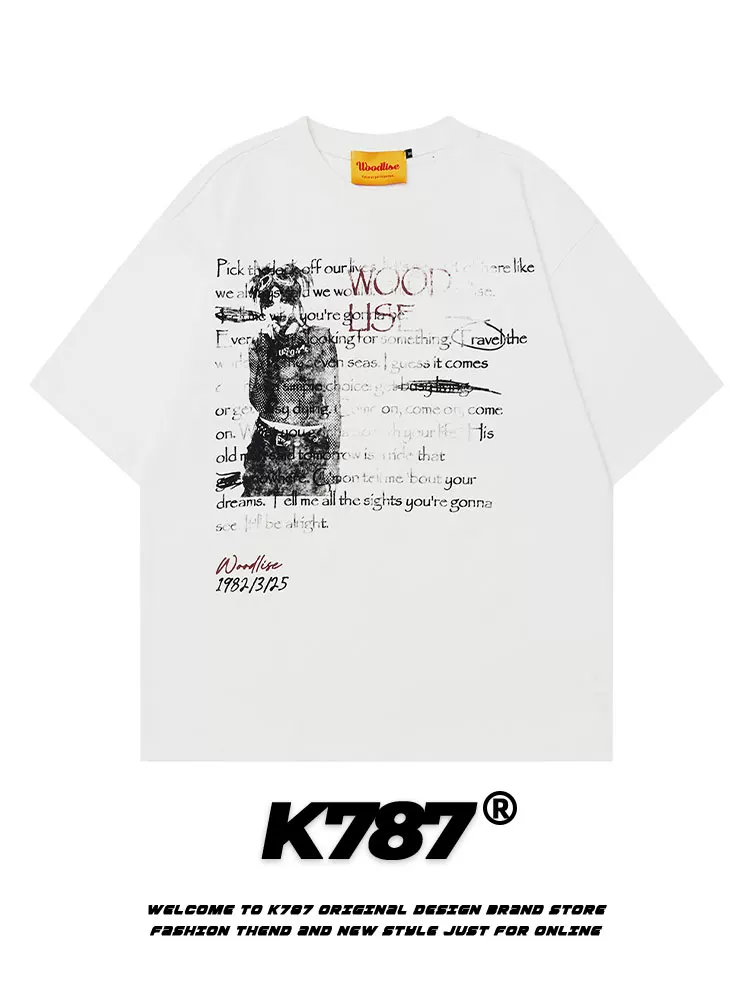 K787 Áo thun ngắn tay in hình đầu chó vui nhộn theo phong cách retro của Mỹ dành cho nam và nữ hip-hop cổ điển cotton nguyên chất áo đôi