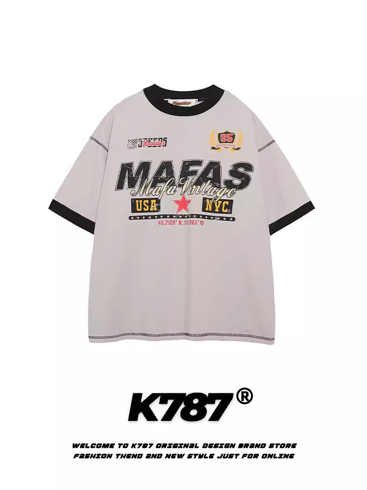 Áo thun tay ngắn in chữ kiểu Mỹ cổ điển rộng rãi K787 dành cho nam và nữ, phong cách thể thao biker, áo đôi mùa hè 2025