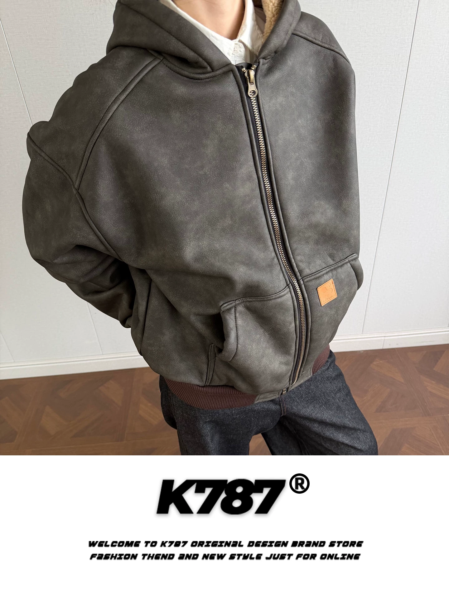 Áo khoác cotton có mũ trùm đầu bằng da PU kiểu cổ điển Mỹ K787 dành cho nam và nữ, áo khoác cotton rộng rãi, dày dặn, ấm áp dành cho cặp đôi.