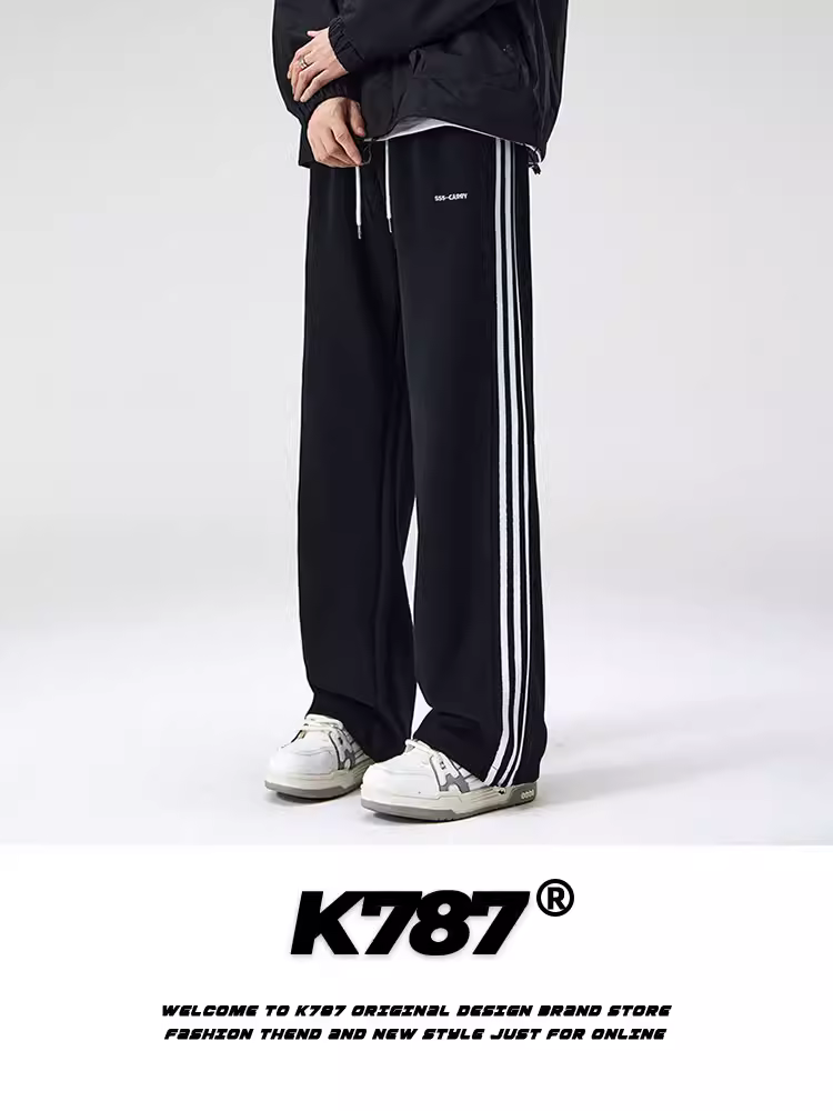 Quần thể thao kiểu Mỹ cổ điển K787 sọc kẻ, dành cho nam và nữ, dáng rộng, cạp cao, ống thẳng, phong cách đường phố