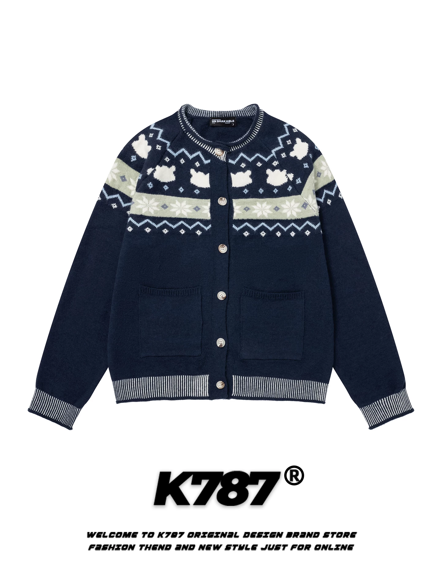 Áo cardigan dệt kim phong cách đường phố Mỹ K787, năng động và giản dị dành cho nam và nữ, áo khoác len rộng kiểu trộm cắp vui nhộn, kiểu Fair Isle.
