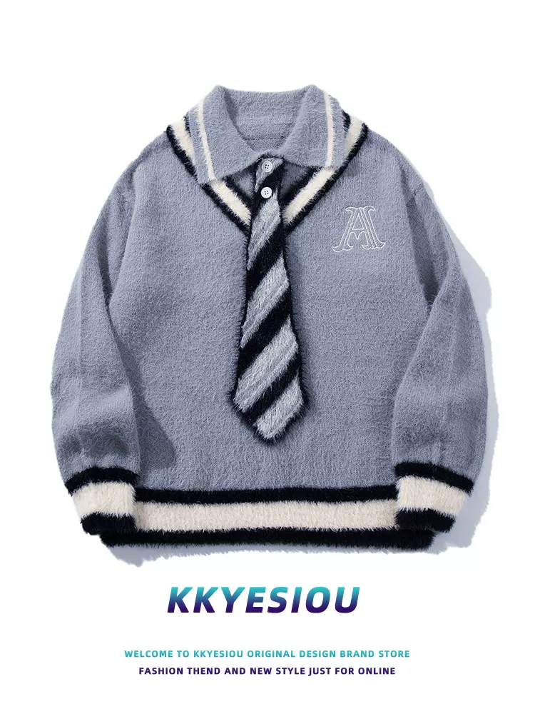 Áo len cặp đôi phong cách preppy Nhật Bản KKyesiou, kiểu dáng năng động, phối họa tiết, unisex, có phối dây buộc.