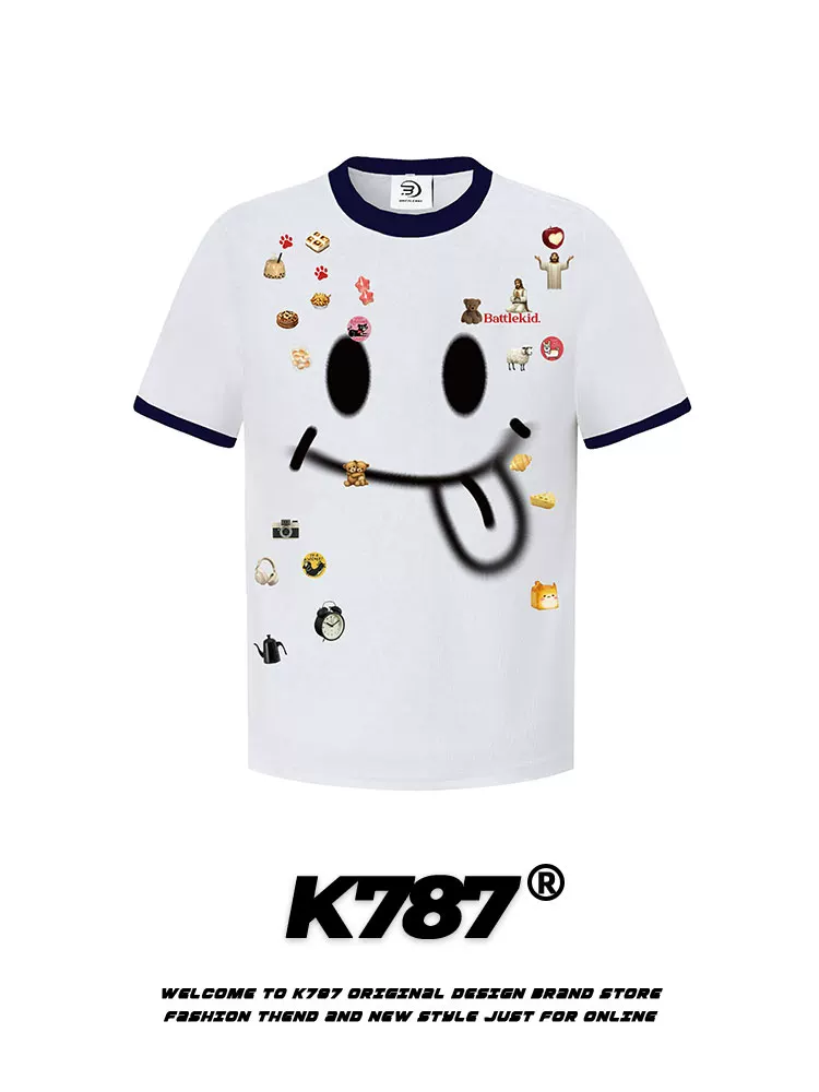K787 Áo thun ngắn tay in hình hoạt hình vui nhộn theo phong cách retro của Mỹ dành cho nam và nữ phong cách cổ điển lười biếng áo đôi