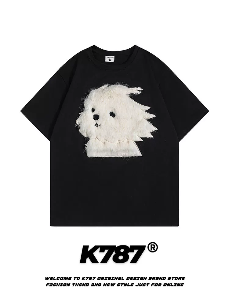 K787 Fun Dog Flocking Áo thun thêu tay ngắn Unisex American Retro College Style 2025 Mùa hè cặp đôi hàng đầu