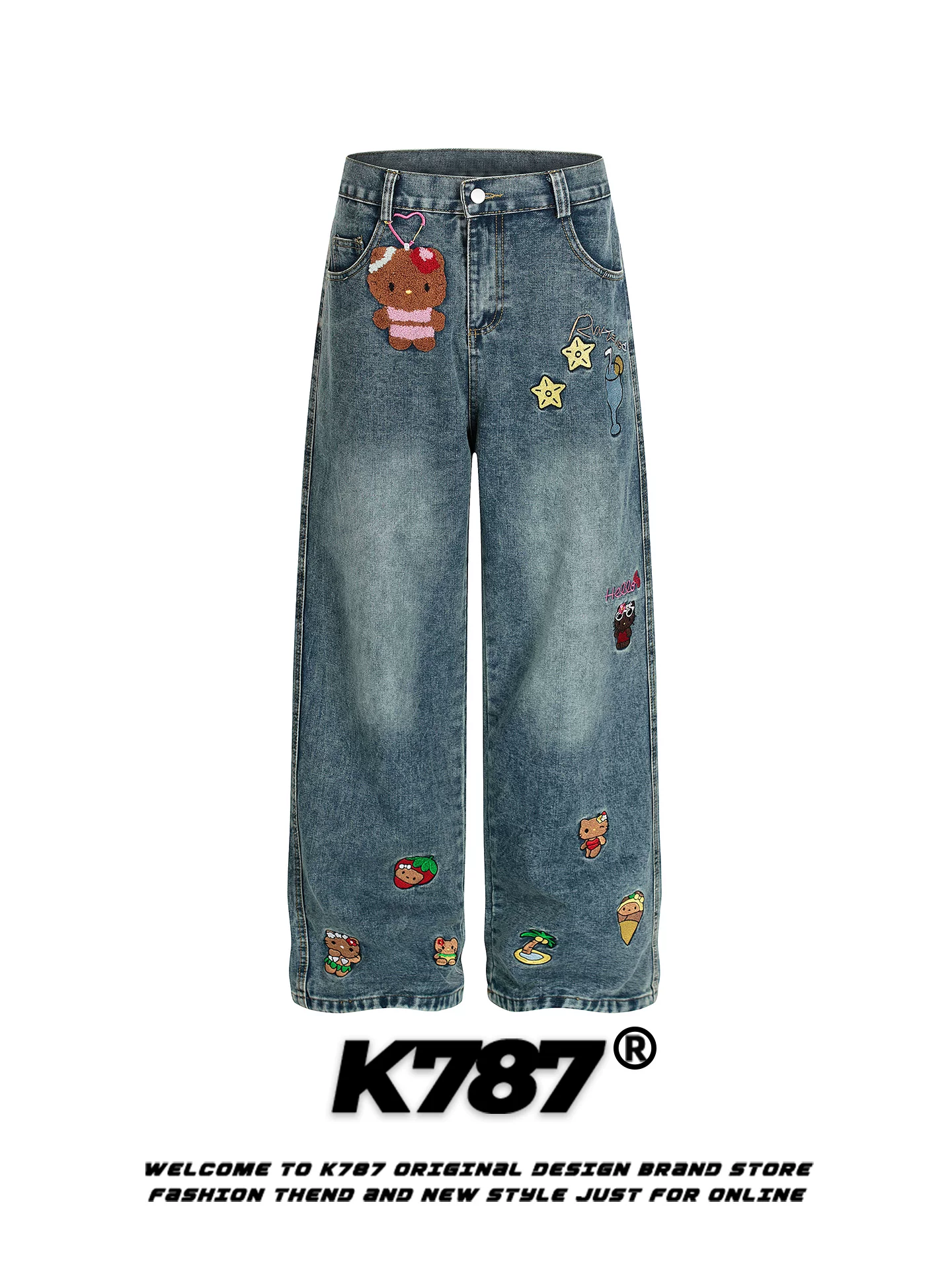 Quần jeans thêu hình mèo Kitty hoạt hình cổ điển Mỹ K787, unisex, phong cách đường phố, cạp cao, đa năng, dáng thẳng